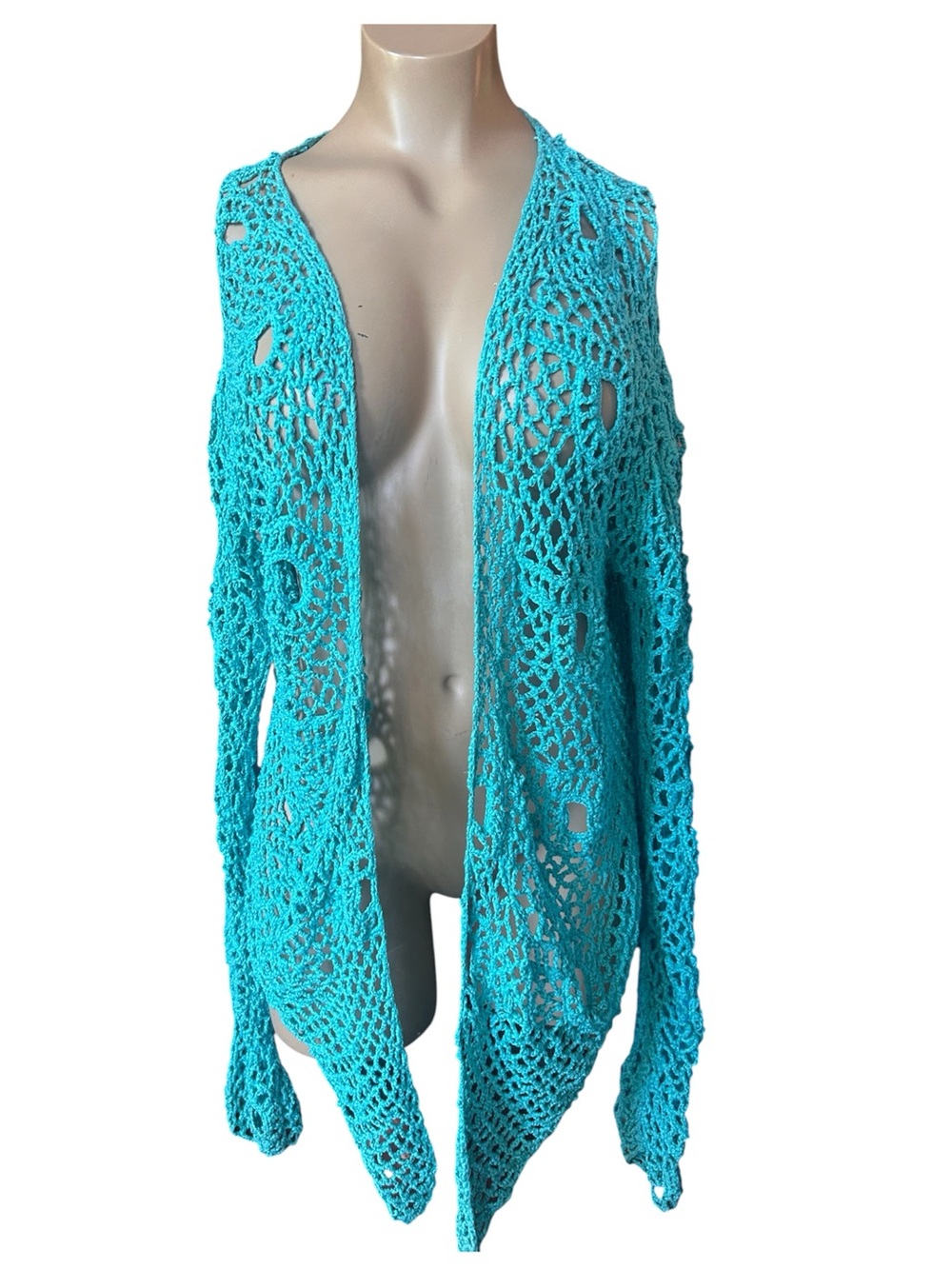 Susan Bristol Turquoise Open-Weave Crochet Cardigan